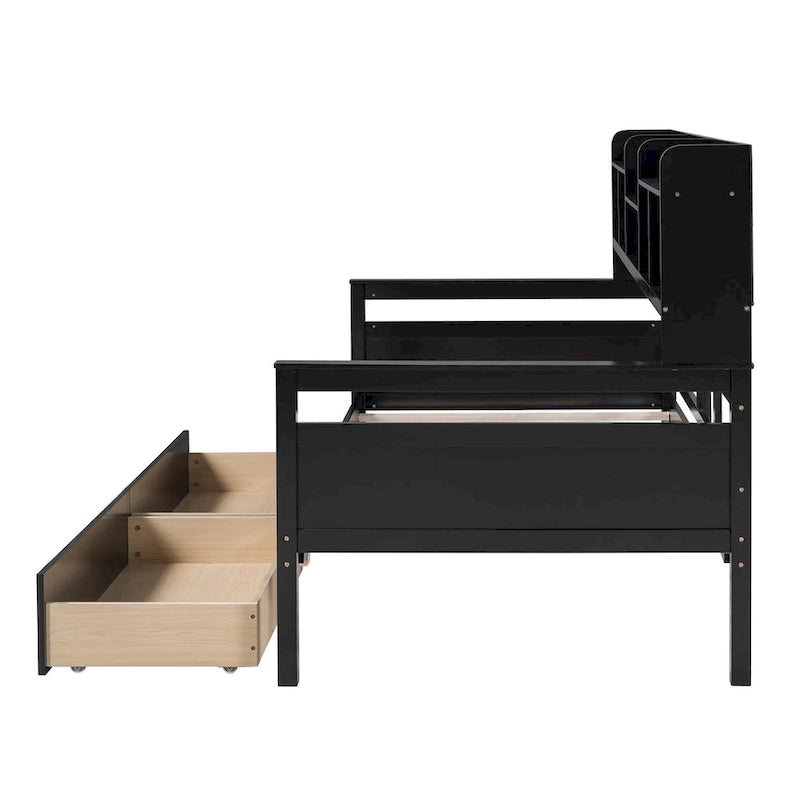 Daybed singolo (80 x 190 cm) con 2 cassetti e ripiano in colori Espresso, Grigio, Bianco.