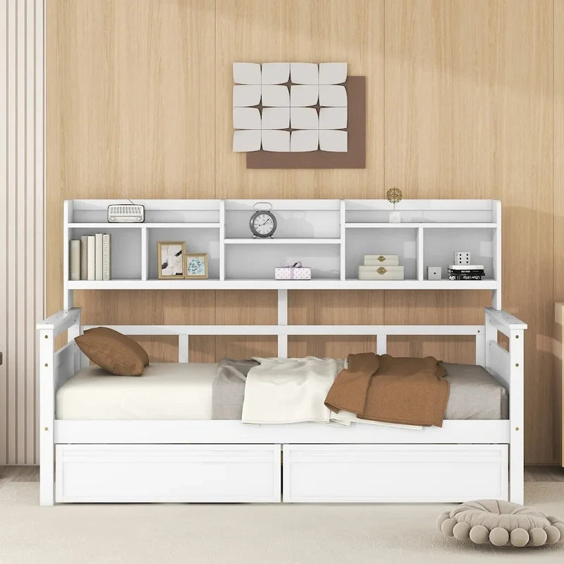 Daybed singolo (80 x 190 cm) con 2 cassetti e ripiano in colori Espresso, Grigio, Bianco.