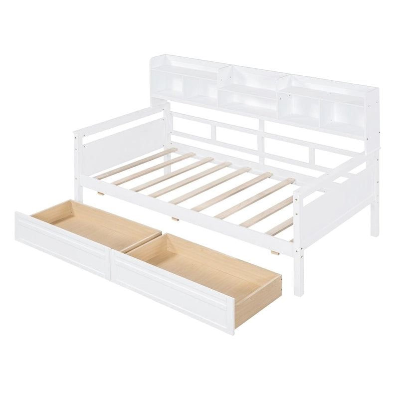 Daybed singolo (80 x 190 cm) con 2 cassetti e ripiano in colori Espresso, Grigio, Bianco.