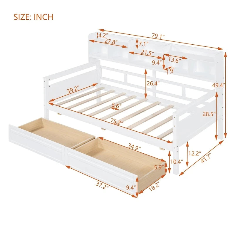 Daybed singolo (80 x 190 cm) con 2 cassetti e ripiano in colori Espresso, Grigio, Bianco.