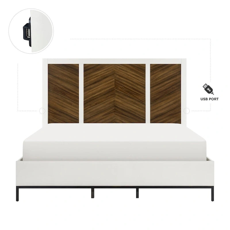 Letto con testiera Chevron bicolore bianco e noce, 1 posto