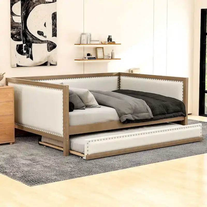 Divano letto imbottito in lino, formato matrimoniale, con rotelle estraibili, colore legno, per 2 persone