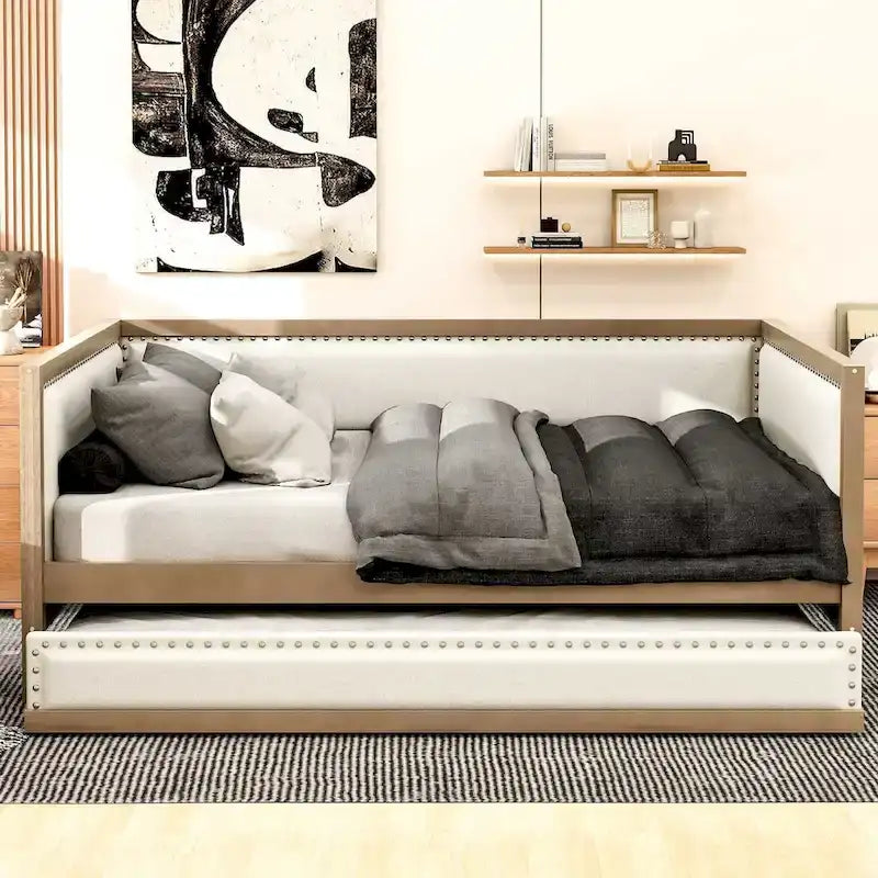 Divano letto imbottito in lino, formato matrimoniale, con rotelle estraibili, colore legno, per 2 persone
