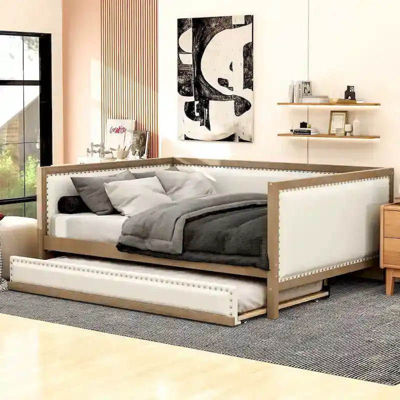 Divano letto imbottito in lino, formato matrimoniale, con rotelle estraibili, colore legno, per 2 persone