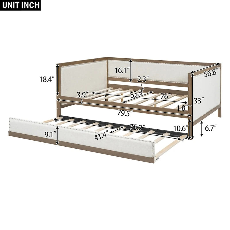 Divano letto imbottito in lino, formato matrimoniale, con rotelle estraibili, colore legno, per 2 persone