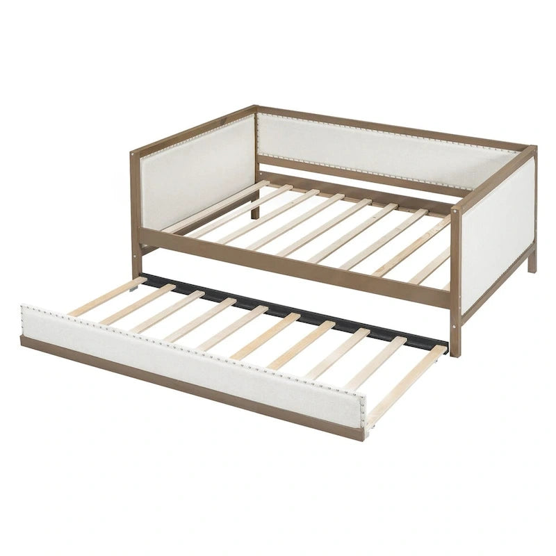 Divano letto imbottito in lino, formato matrimoniale, con rotelle estraibili, colore legno, per 2 persone