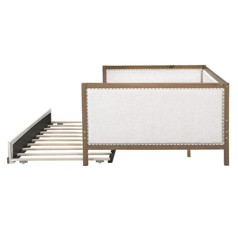 Divano letto imbottito in lino, formato matrimoniale, con rotelle estraibili, colore legno, per 2 persone