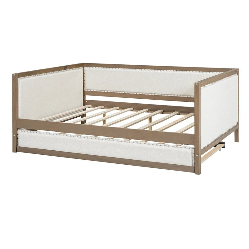 Divano letto imbottito in lino, formato matrimoniale, con rotelle estraibili, colore legno, per 2 persone
