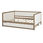 Divano letto imbottito in lino, formato matrimoniale, con rotelle estraibili, colore legno, per 2 persone