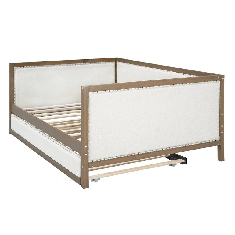 Divano letto imbottito in lino, formato matrimoniale, con rotelle estraibili, colore legno, per 2 persone