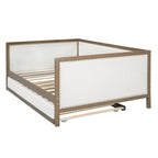 Divano letto imbottito in lino, formato matrimoniale, con rotelle estraibili, colore legno, per 2 persone