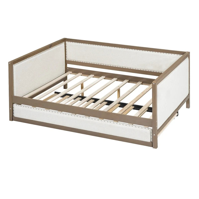 Divano letto imbottito in lino, formato matrimoniale, con rotelle estraibili, colore legno, per 2 persone