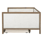 Divano letto imbottito in lino, formato matrimoniale, con rotelle estraibili, colore legno, per 2 persone
