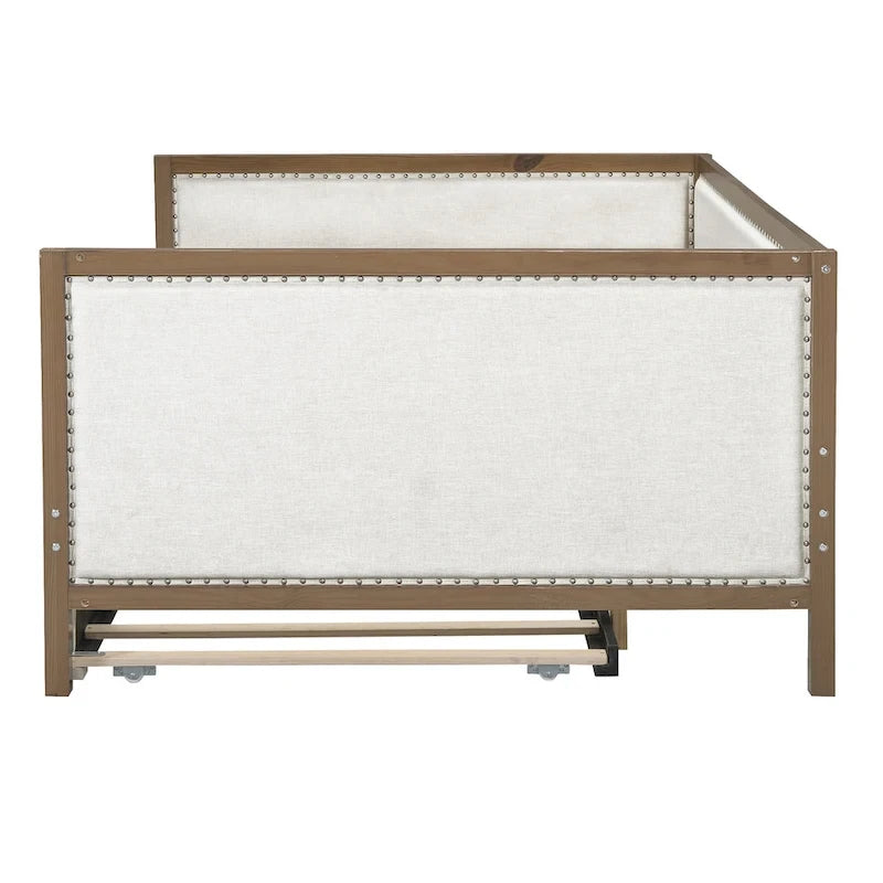 Divano letto imbottito in lino, formato matrimoniale, con rotelle estraibili, colore legno, per 2 persone
