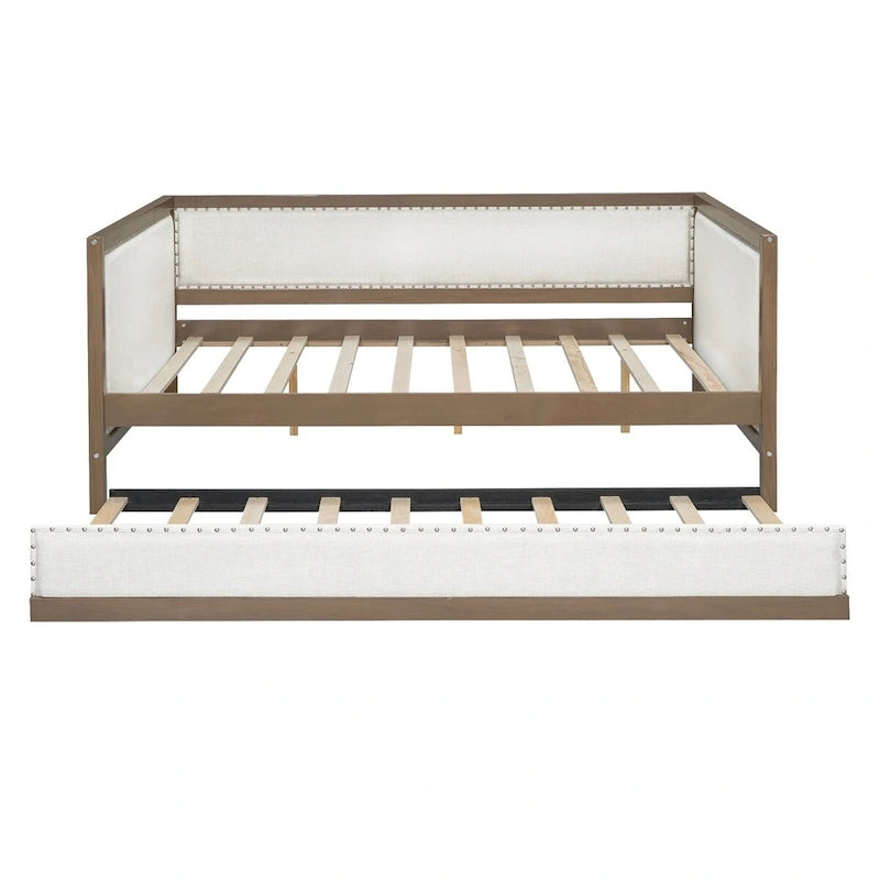 Divano letto imbottito in lino, formato matrimoniale, con rotelle estraibili, colore legno, per 2 persone