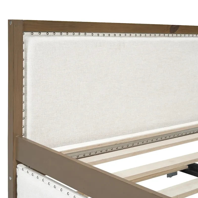 Divano letto imbottito in lino, formato matrimoniale, con rotelle estraibili, colore legno, per 2 persone