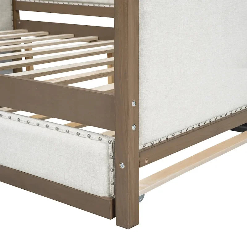Divano letto imbottito in lino, formato matrimoniale, con rotelle estraibili, colore legno, per 2 persone