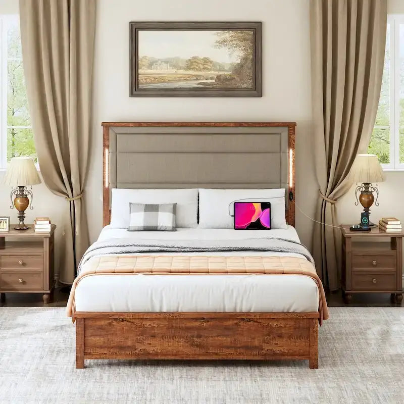 Letto Matrimoniale Marrone Grigio, Testiera Imbottita, LED e USB, per 2 Persone