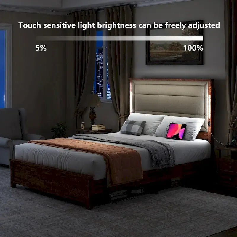 Letto Matrimoniale Marrone Grigio, Testiera Imbottita, LED e USB, per 2 Persone