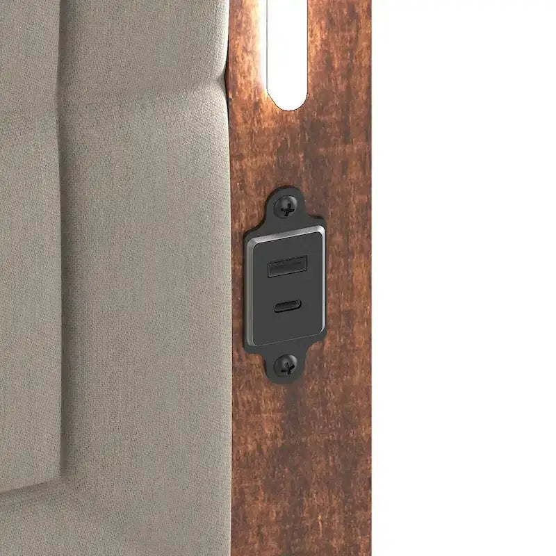 Letto Matrimoniale Marrone Grigio, Testiera Imbottita, LED e USB, per 2 Persone