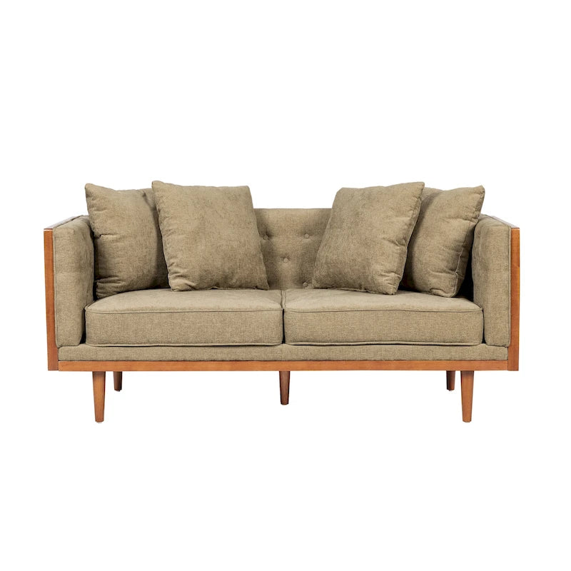 Divanetto due posti trapuntato Mid-Century Modern blu navy / beige scuro / antracite, gambe in noce scuro