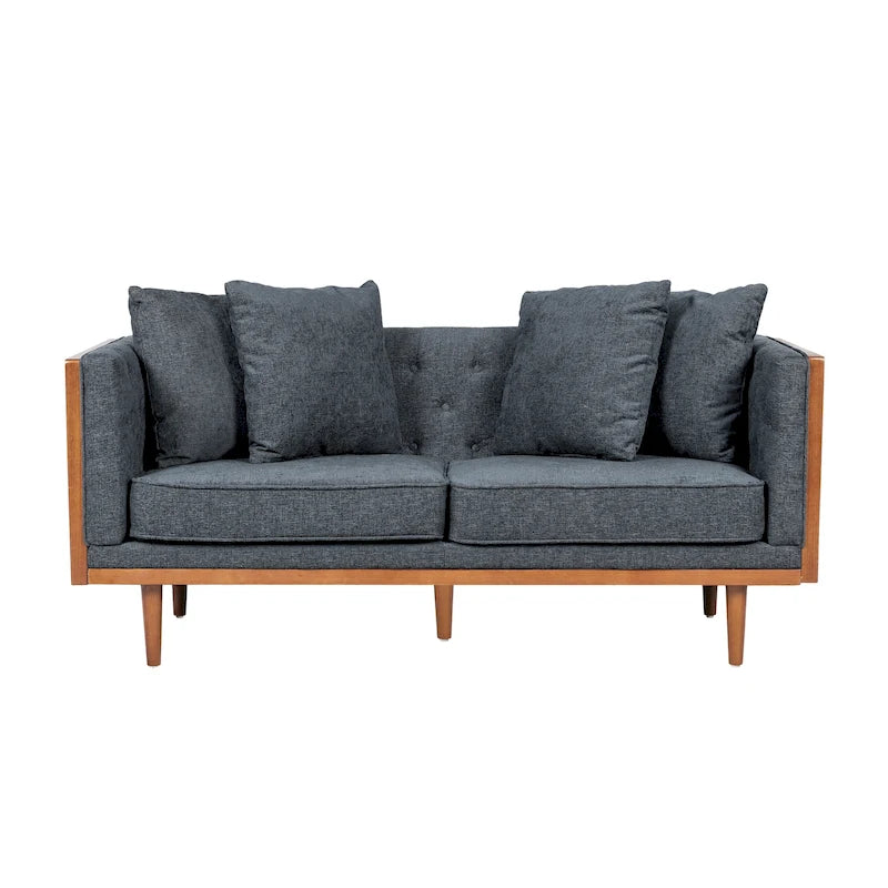 Divanetto due posti trapuntato Mid-Century Modern blu navy / beige scuro / antracite, gambe in noce scuro