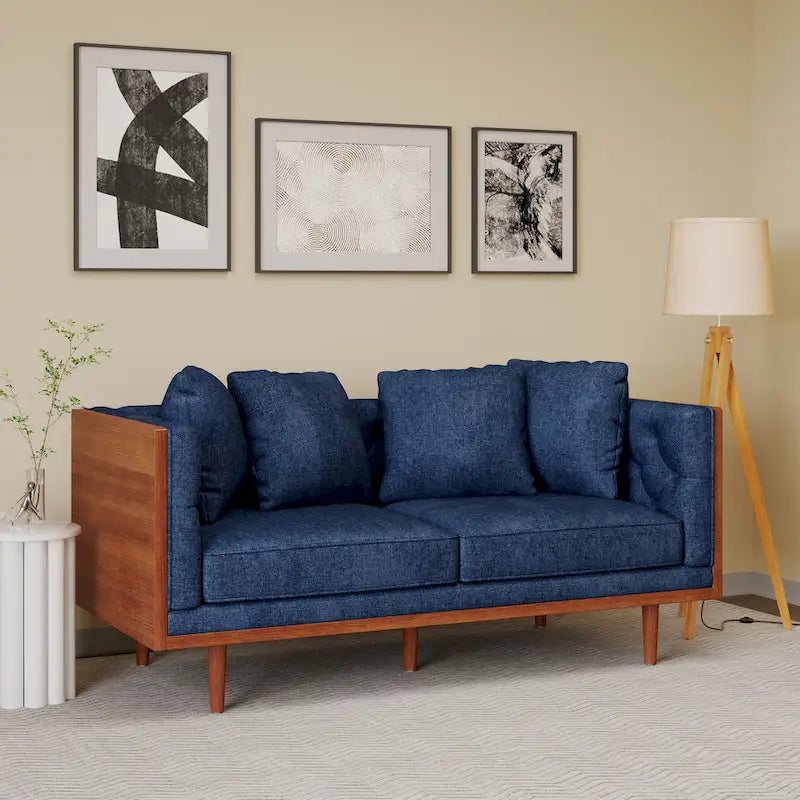 Divanetto due posti trapuntato Mid-Century Modern blu navy / beige scuro / antracite, gambe in noce scuro