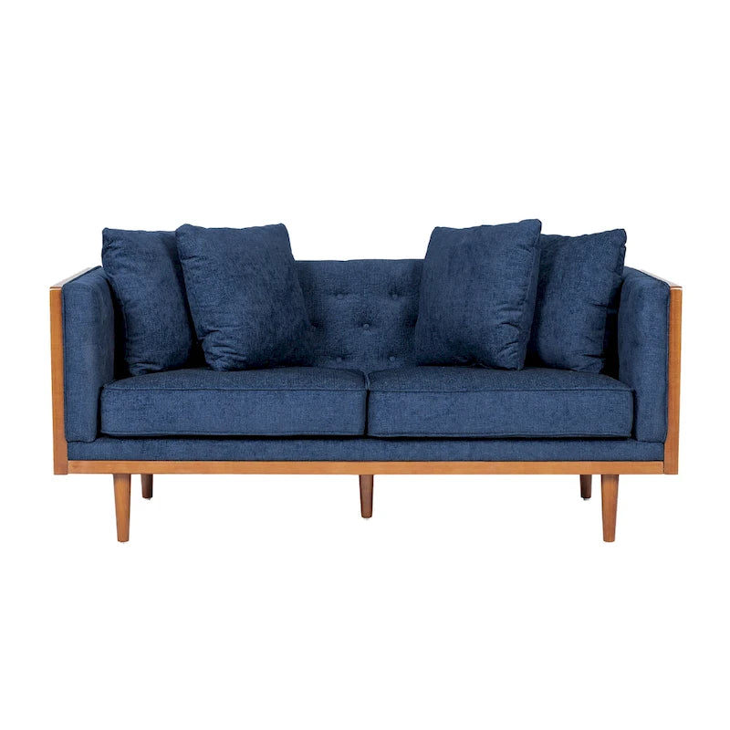 Divanetto due posti trapuntato Mid-Century Modern blu navy / beige scuro / antracite, gambe in noce scuro