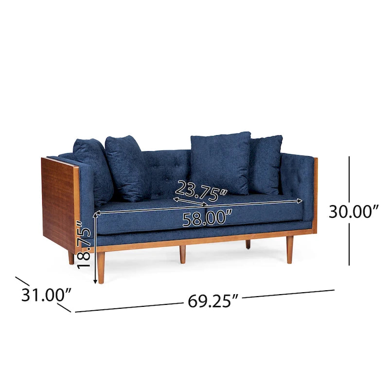 Divanetto due posti trapuntato Mid-Century Modern blu navy / beige scuro / antracite, gambe in noce scuro