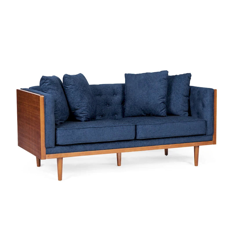 Divanetto due posti trapuntato Mid-Century Modern blu navy / beige scuro / antracite, gambe in noce scuro
