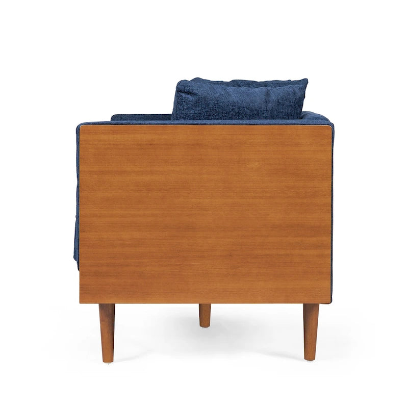 Divanetto due posti trapuntato Mid-Century Modern blu navy / beige scuro / antracite, gambe in noce scuro