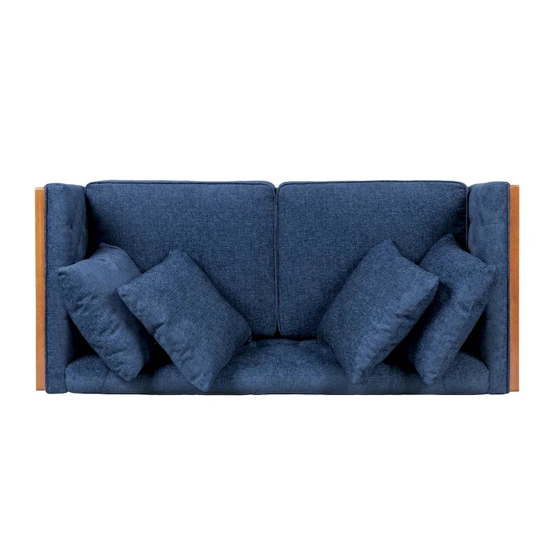 Divanetto due posti trapuntato Mid-Century Modern blu navy / beige scuro / antracite, gambe in noce scuro