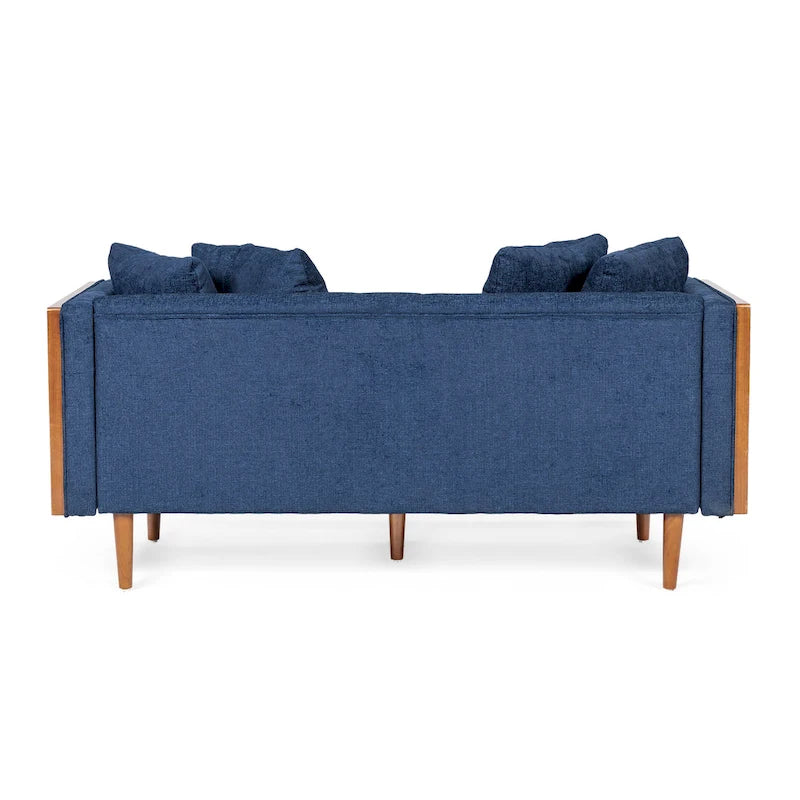 Divanetto due posti trapuntato Mid-Century Modern blu navy / beige scuro / antracite, gambe in noce scuro