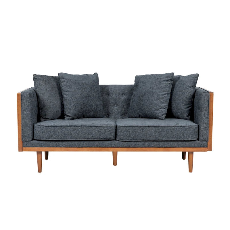 Divanetto due posti trapuntato Mid-Century Modern blu navy / beige scuro / antracite, gambe in noce scuro