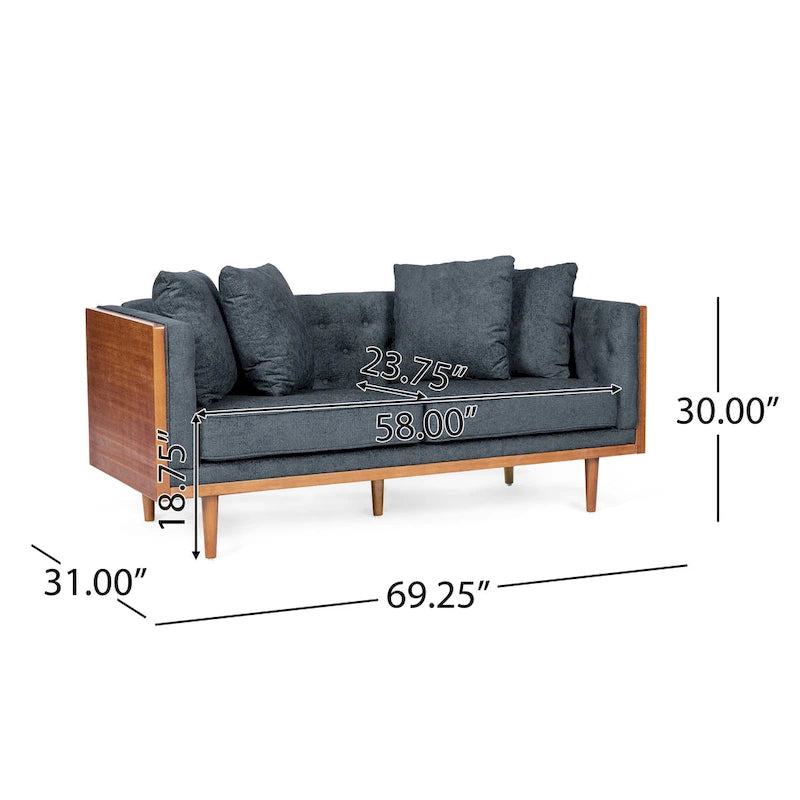 Divanetto due posti trapuntato Mid-Century Modern blu navy / beige scuro / antracite, gambe in noce scuro