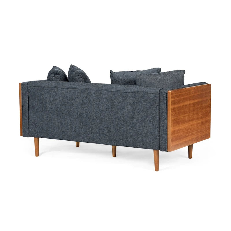 Divanetto due posti trapuntato Mid-Century Modern blu navy / beige scuro / antracite, gambe in noce scuro