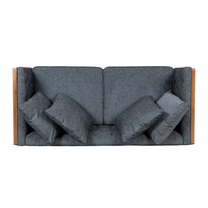 Divanetto due posti trapuntato Mid-Century Modern blu navy / beige scuro / antracite, gambe in noce scuro