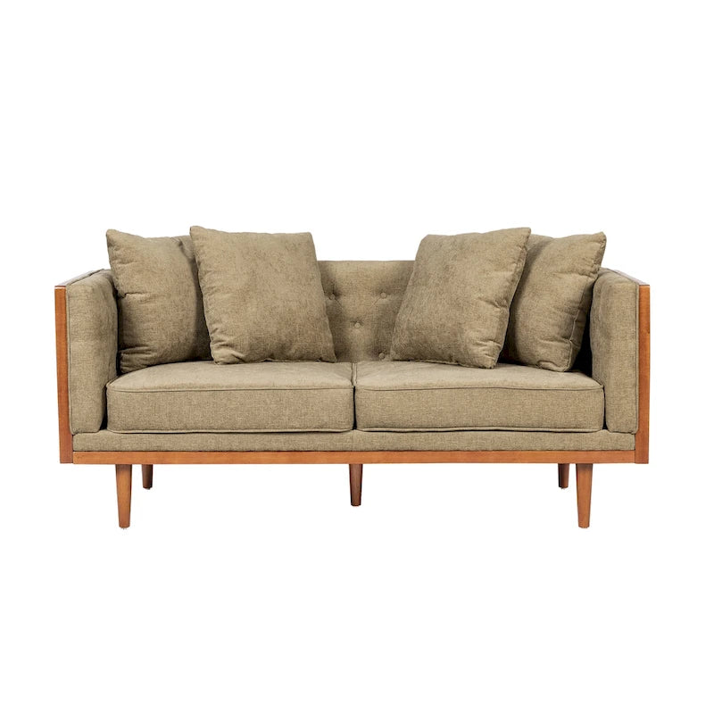 Divanetto due posti trapuntato Mid-Century Modern blu navy / beige scuro / antracite, gambe in noce scuro