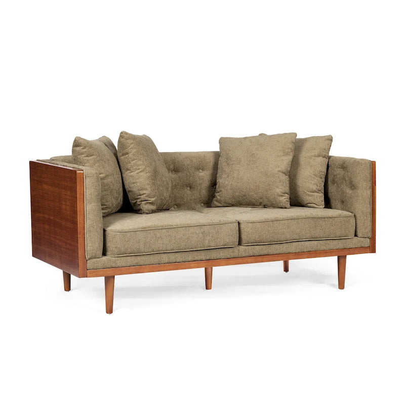 Divanetto due posti trapuntato Mid-Century Modern blu navy / beige scuro / antracite, gambe in noce scuro