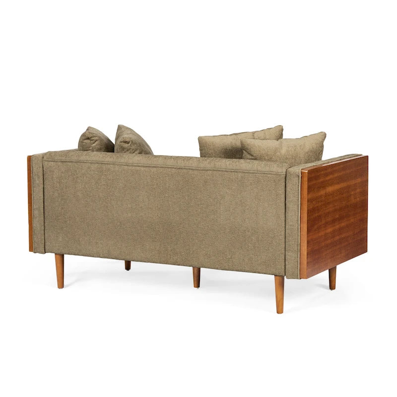 Divanetto due posti trapuntato Mid-Century Modern blu navy / beige scuro / antracite, gambe in noce scuro