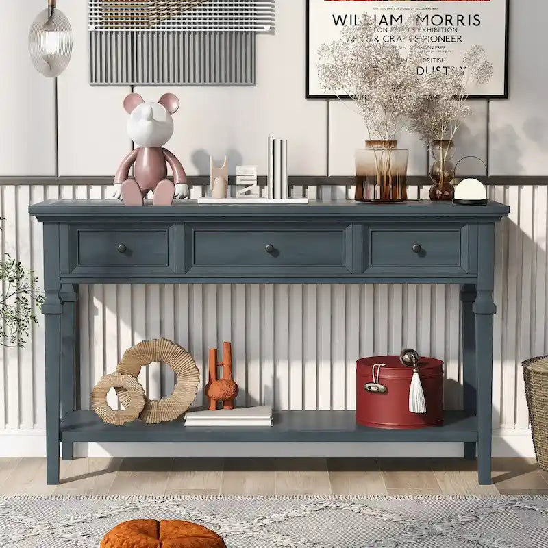 Consolle retrò Blu marino/Espresso/Grigio slavato/Bianco antico, 3 cassetti e ripiano aperto, 127 cm