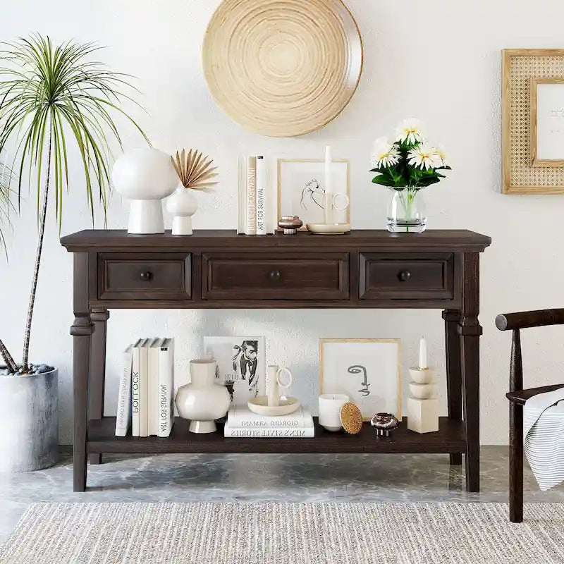 Consolle retrò Blu marino/Espresso/Grigio slavato/Bianco antico, 3 cassetti e ripiano aperto, 127 cm
