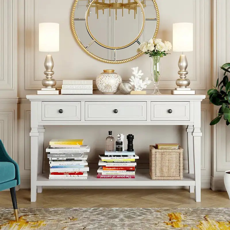 50  Farmhouse 50 Inch Classic Retro Console Three Top Drawers and Open Style Bottom Shelf, Sofa Table with Solid Wooden Frame