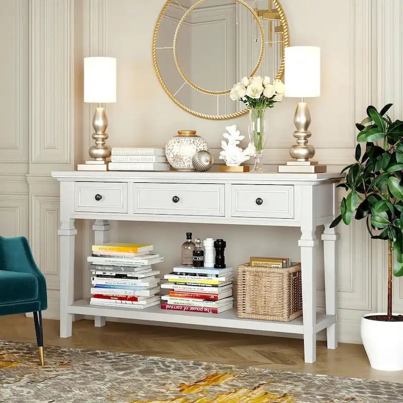 Consolle retrò Blu marino/Espresso/Grigio slavato/Bianco antico, 3 cassetti e ripiano aperto, 127 cm