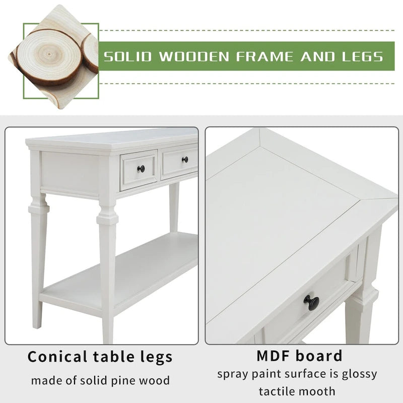 Consolle retrò Blu marino/Espresso/Grigio slavato/Bianco antico, 3 cassetti e ripiano aperto, 127 cm