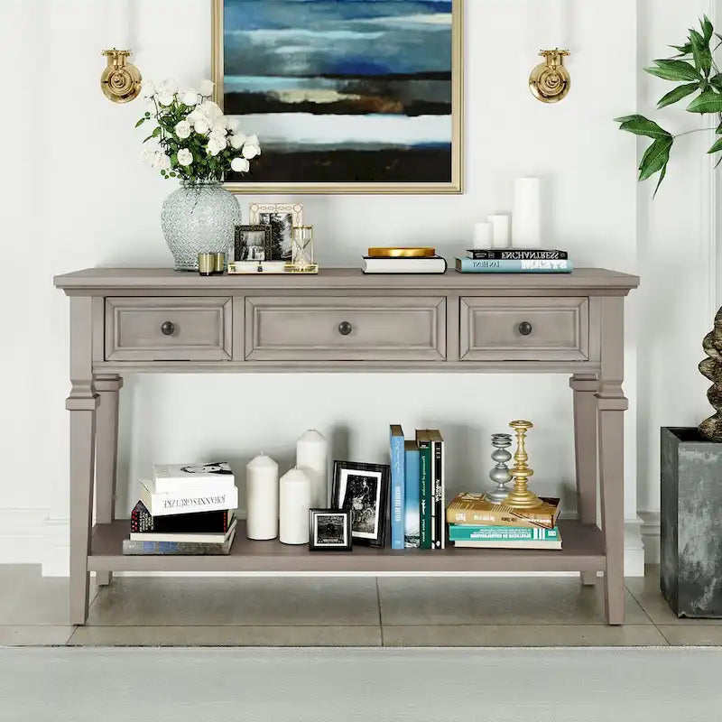 Consolle retrò Blu marino/Espresso/Grigio slavato/Bianco antico, 3 cassetti e ripiano aperto, 127 cm