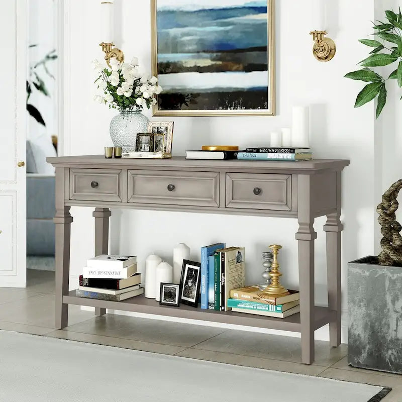 Consolle retrò Blu marino/Espresso/Grigio slavato/Bianco antico, 3 cassetti e ripiano aperto, 127 cm