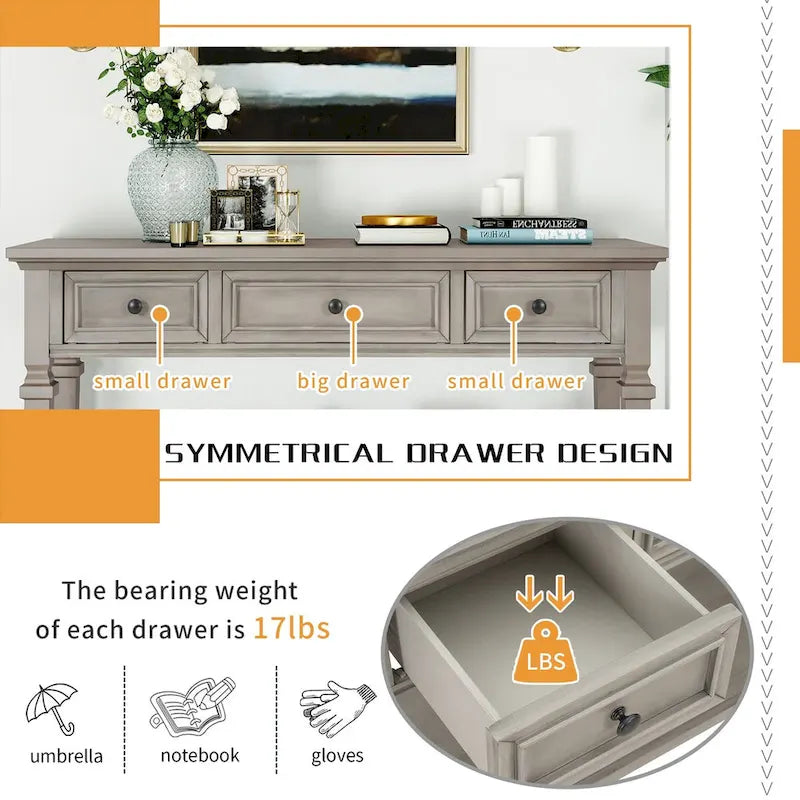 Consolle retrò Blu marino/Espresso/Grigio slavato/Bianco antico, 3 cassetti e ripiano aperto, 127 cm