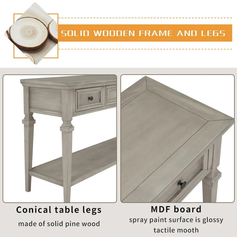 Consolle retrò Blu marino/Espresso/Grigio slavato/Bianco antico, 3 cassetti e ripiano aperto, 127 cm