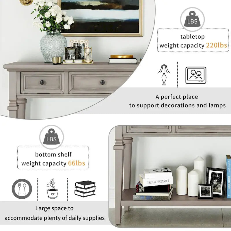 Consolle retrò Blu marino/Espresso/Grigio slavato/Bianco antico, 3 cassetti e ripiano aperto, 127 cm